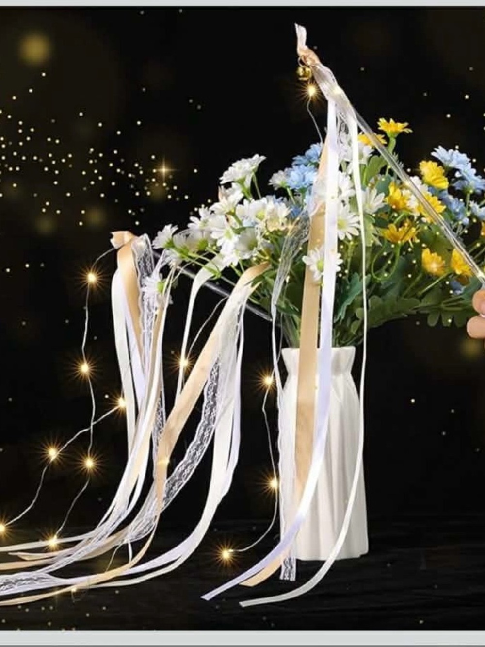 50 individually wrapped LED wands with Champagne ribbon and white lace with bell